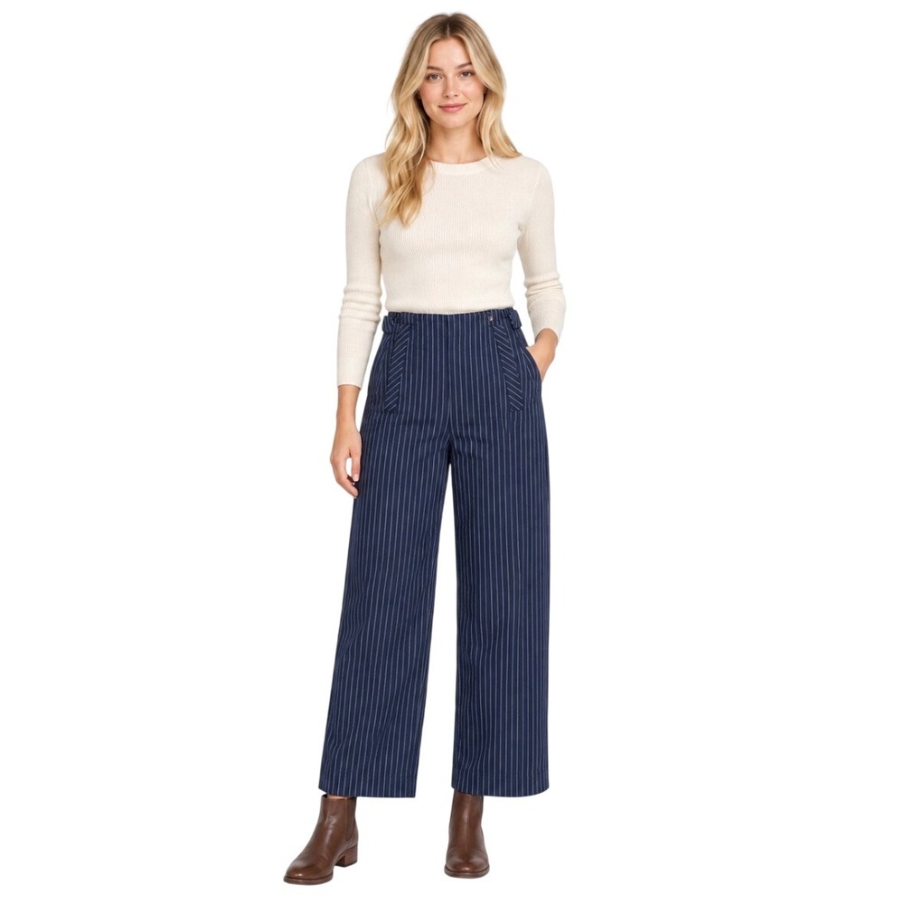 Free People Navy Blue Pinstripe Wide Leg Sailor Pants High Waisted Trousers Sz 2
